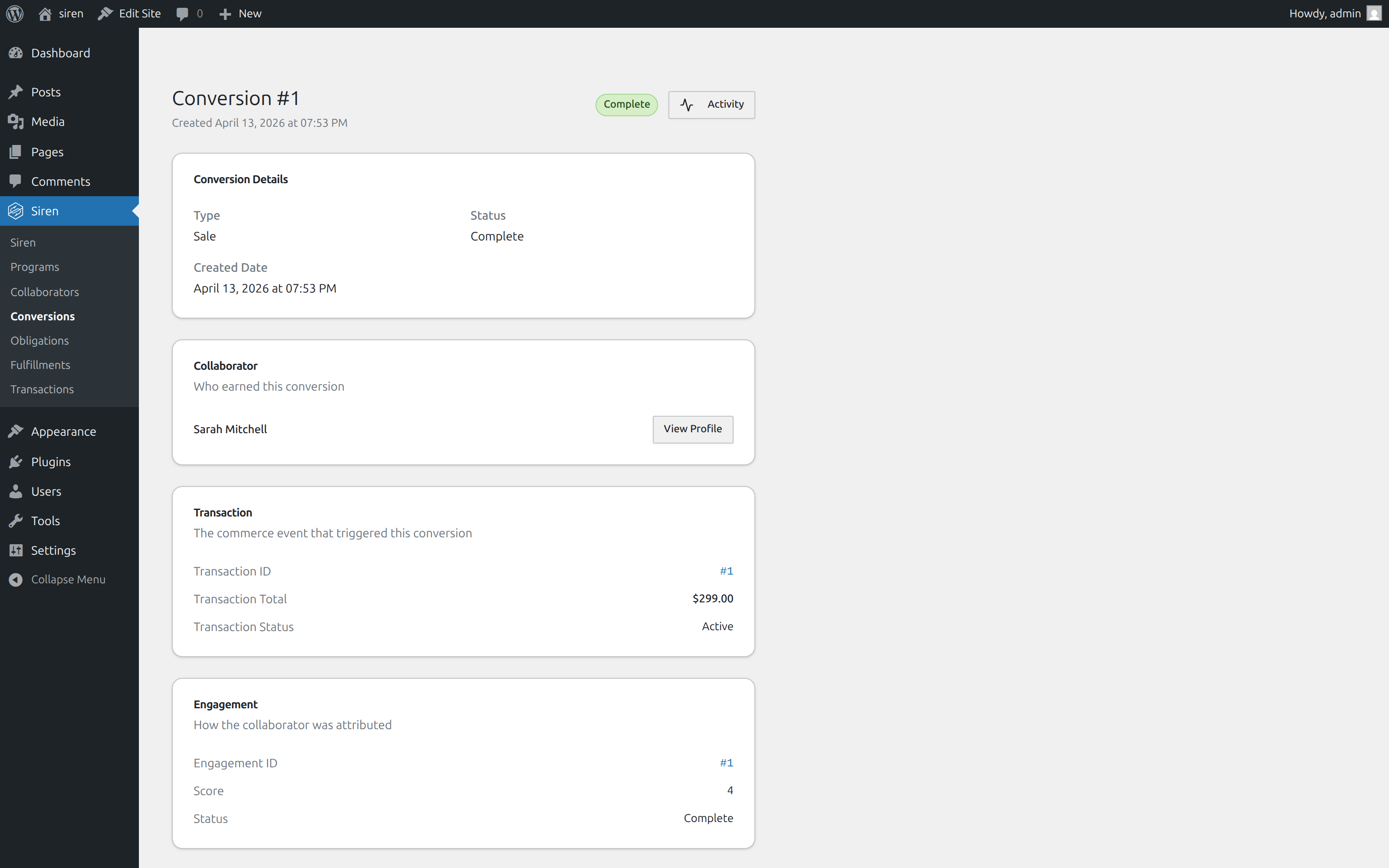 Conversion #1 detail with the Activity button in the top-right corner, linking the collaborator, transaction, and engagement into one story