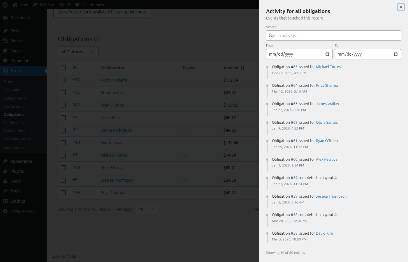 Siren admin with the Activity panel open over the obligations list, showing a chronological list of obligations issued to various collaborators and completed payouts, each timestamped