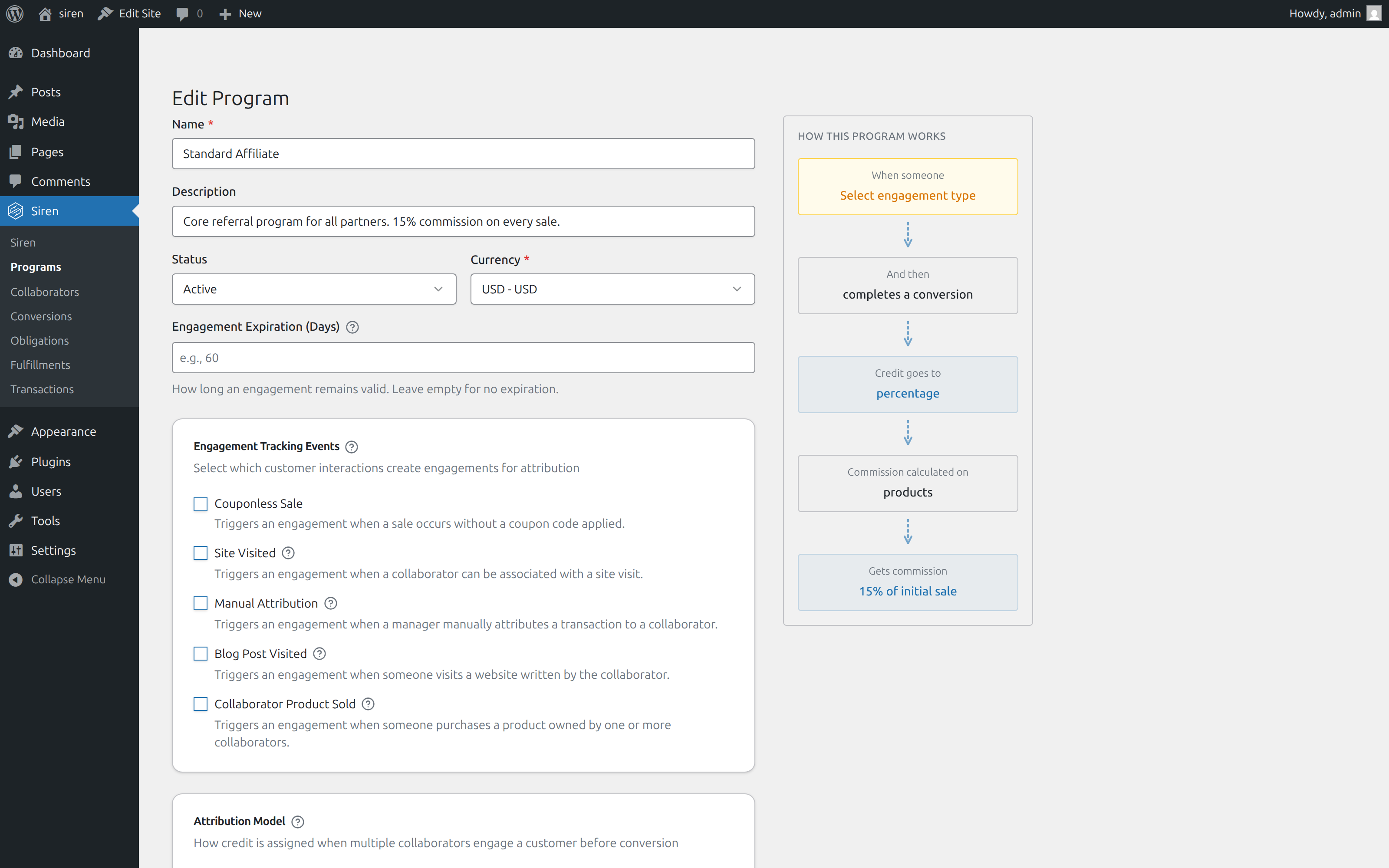 Edit Program view for Standard Affiliate with its live flow diagram on the right