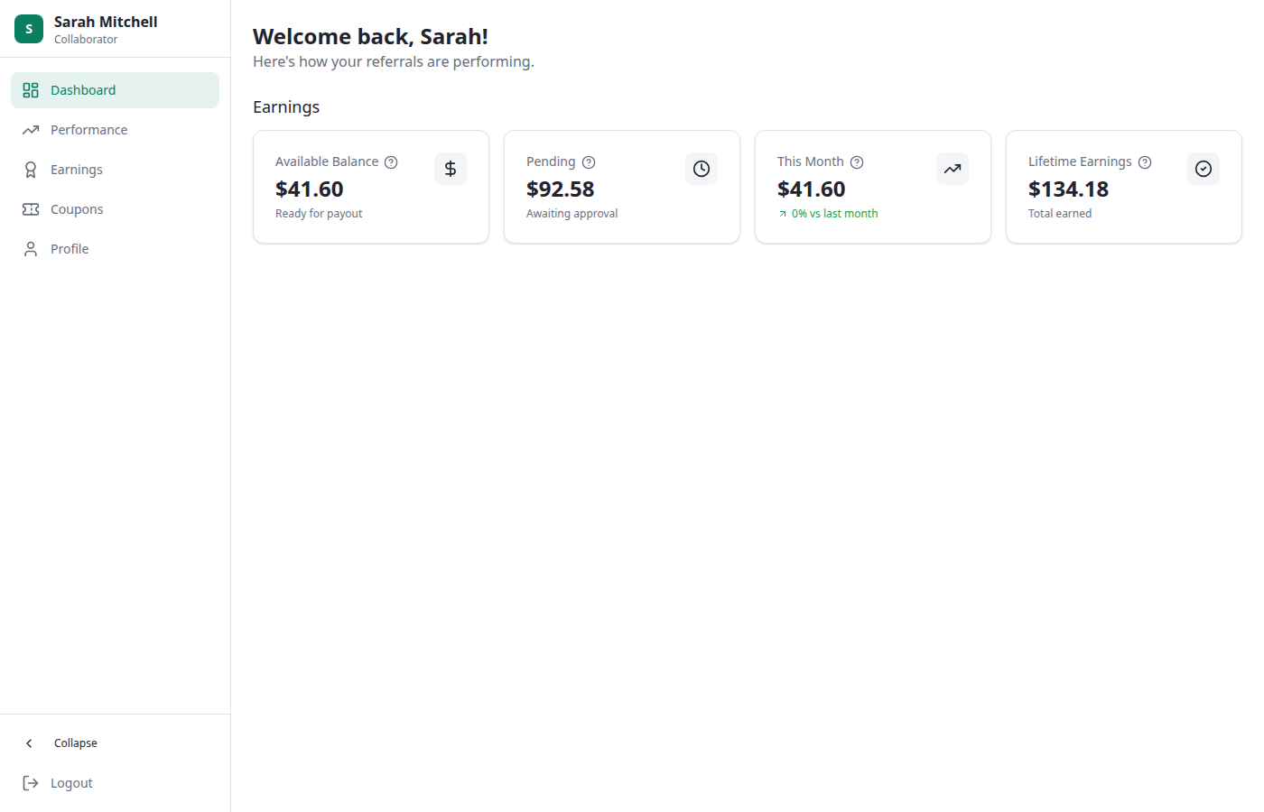 Siren Collaborator Portal dashboard view for Sarah Mitchell, with Available Balance, Pending, This Month, and Lifetime Earnings cards across the top and a left-hand sidebar with Dashboard, Performance, Earnings, Coupons, and Profile nav